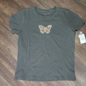 Lucky Brand Gray Sequin Butterfly  Short-Sleeve Tee Junior Fit M